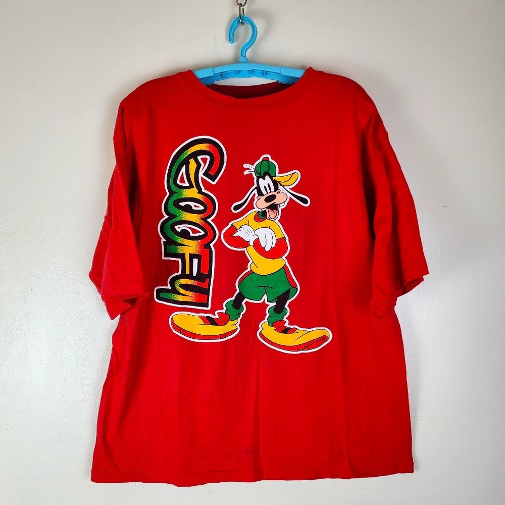 Disney Mickey Unlimited Men's Goofy Colorful Red Tee Shirt Size XL Double Sided